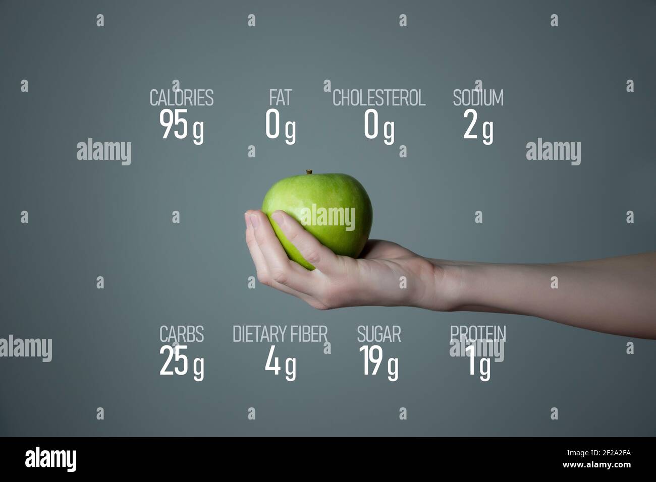 Frau`s Hand hält grünen Apfel, Ernährung Fakten auf grauem Hintergrund. Diätetische Lebensmittel und Vitamine Konzeptvorlage für Produktwerbung. Stockfoto